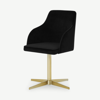 An Image of Keira Office Chair, Deep Black Velvet with Brass Legs
