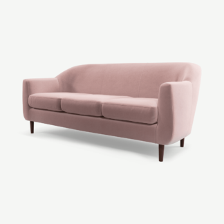 An Image of Tubby 3 Seater Sofa, Heather Pink Velvet with Dark Wood Legs