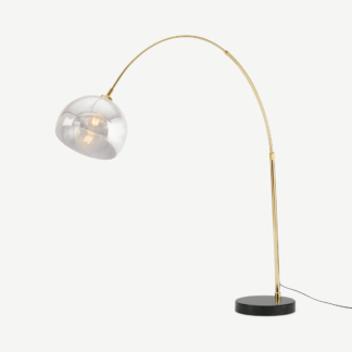 An Image of Bow Large Overeach Arc Floor Lamp, Brass, Black Marble & Smoke Grey