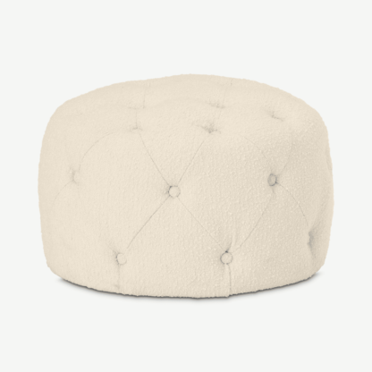 An Image of Hampton Round Pouffe, Small, Whitewash Boucle