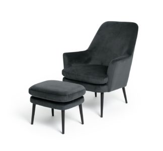An Image of Habitat Celine Velvet High Back Chair & Footstool - Charcoal