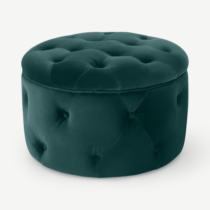 An Image of Hampton Small Round Storage Pouffe, Teal Blue Velvet