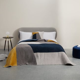 An Image of Giacomo Quilted Velvet Bedspread, Navy & Tan