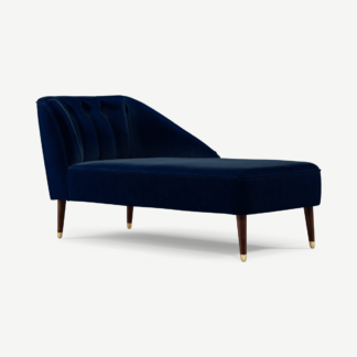 An Image of Margot Right Hand Facing Chaise Longue, Dark Navy Cotton Velvet with Dark Wood Brass Leg