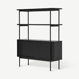 An Image of Angus Low Shelving Unit, Black Ash Effect & Perforated Metal