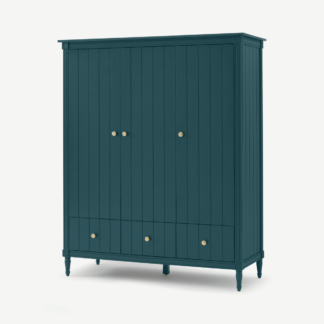 An Image of Bourbon Vintage 3 Door Triple Wardrobe, Petrol Blue & Brass