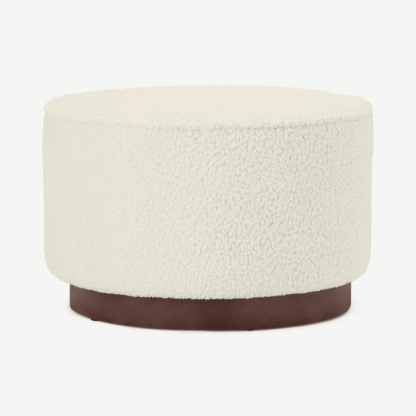 An Image of Hetherington Large Wooden Pouffe, Faux Sheepskin & Dark Stain