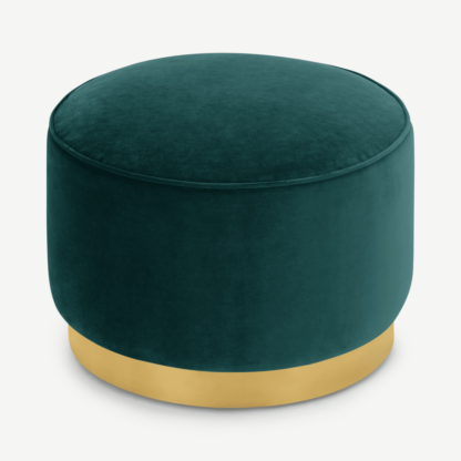 An Image of Hetherington Large Brass Base Pouffe, Teal Blue Velvet