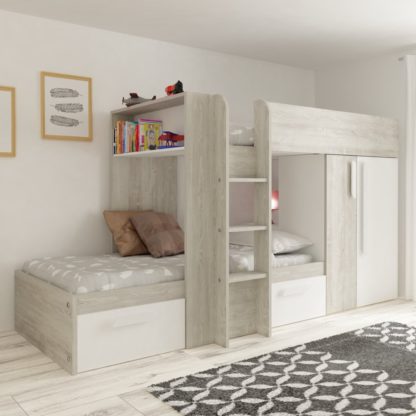 An Image of Barca White and Oak Wooden Bunk Bed Frame - EU Single