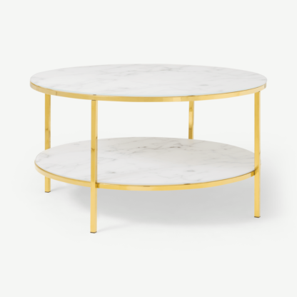 An Image of Alisma Round Two-Layer Coffee Table, Marble Effect Glass & Brass