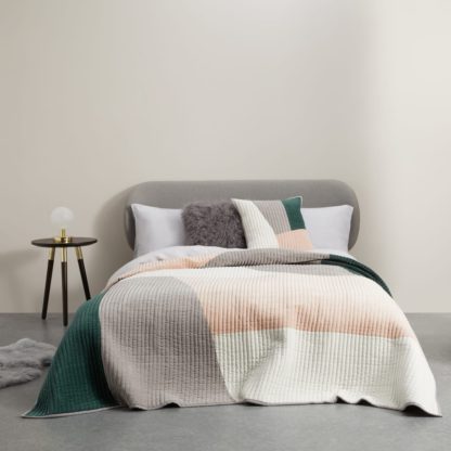 An Image of Giacomo Quilted Velvet Bedspread, Peacock Green & Plaster Pink