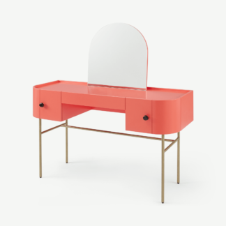An Image of Tandy Dressing Table, Coral Pink with Gloss Black Handles & Brass Legs