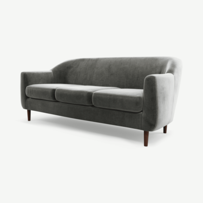 An Image of Tubby 3 Seater Sofa, Steel Grey Velvet with Dark Wood Legs