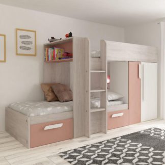 An Image of Barca Pink and Oak Wooden Bunk Bed Frame - EU Single