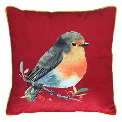 An Image of Christmas Robin Cushion - 45x45cm - Red