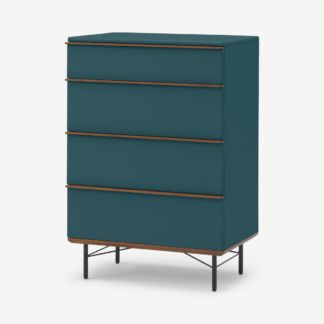 An Image of Vincent Tall Chest of Drawers, Petrol Blue & Walnut Stain