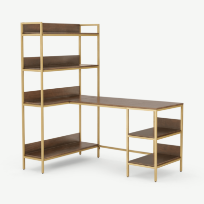 An Image of Lomond Adjustable Corner Desk with Shelves, Dark Mango Wood and Brass
