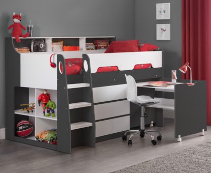 630c9a0f23c9425ea8a3350c4c20b6f96e93a4163b3e75bd3ffede2f7d394dbb.jpg An Image of Jupiter Grey and White Wooden Midsleeper Cabin Bed Frame - 3ft Single