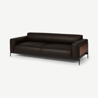 An Image of Presley 3 Seater Sofa, Denver Dark Brown Leather & Walnut Veneer
