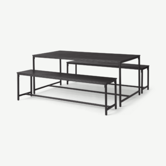 An Image of Lomond Dining Table and Bench Set, Brushed Charcoal & Black Mango Wood