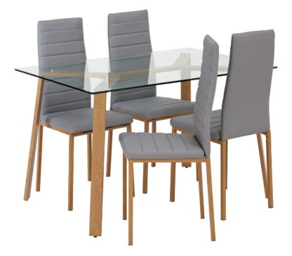 648d3d65cd0b42873e84947781af87228da09102972fb154ea5e2d39ae162a5d.jpg An Image of Argos Home Helena Glass Dining Table & 4 Grey Chairs