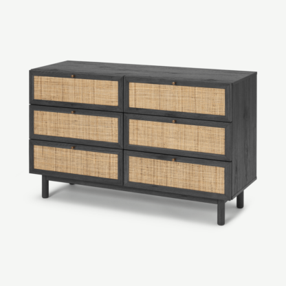 An Image of Pavia Wide Chest of Drawers, Natural Rattan & Black Wood Effect
