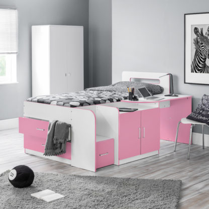 6999803a08d6cec715bac8ea3466f0fb11548e85cf3bbed228e056b2db619e82.jpg An Image of Cookie Pink and White Wooden Cabin Bed Frame - 3ft Single