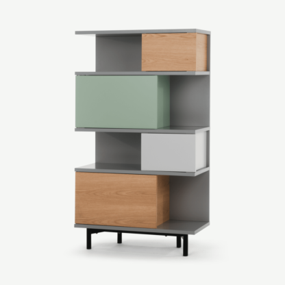6e0a18ed94562a0dfb7c8554ce369bc7dcbaf9c68292a5834a541c571287ccc7-1.png An Image of Fowler Tall Shelving Unit, Multicolour Oak