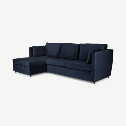 An Image of Milner Left Hand Facing Corner Storage Sofa Bed with Memory Foam Mattress, Regal Blue Velvet