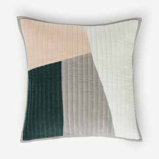 An Image of Giacomo Patchwork Velvet Cushion, 50x50cm, Peacock green & Plaster Pink