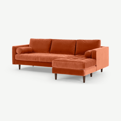 An Image of Scott 4 Seater Right Hand Facing Chaise End Corner Sofa, Burnt Orange Cotton Velvet