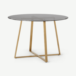 An Image of Haku 4 Seat Round Large Dining Table, Brass and smoked glass