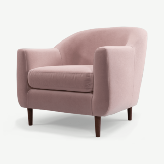 An Image of Tubby Armchair, Heather Pink Velvet with Dark Wood Legs