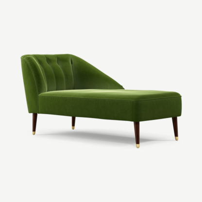 An Image of Margot Right Hand Facing Chaise Longue, Spruce Green Cotton Velvet with Dark Wood Brass Leg