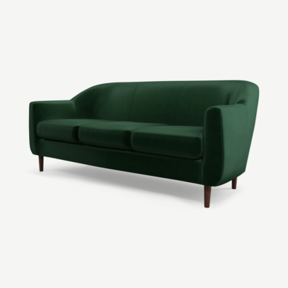An Image of Tubby 3 Seater Sofa, Bottle Green Velvet with Dark Wood Legs