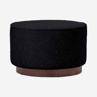 An Image of Hetherington Pouffe, Large, Black Faux Sheepskin & Dark Stain Wood