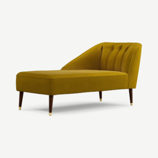 An Image of Margot Left Hand Facing Chaise Longue, Antique Gold Cotton Velvet with Dark Wood Brass Leg