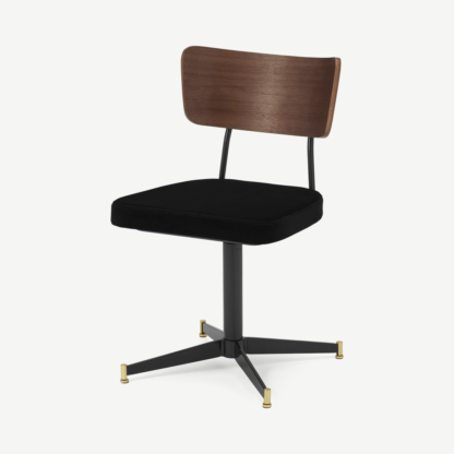 An Image of Amalyn Office Chair, Deep Black Velvet & Walnut
