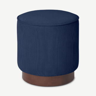 An Image of Hetherington Small Wooden Pouffe, Midnight Corduroy Velvet with Dark Stain Wood