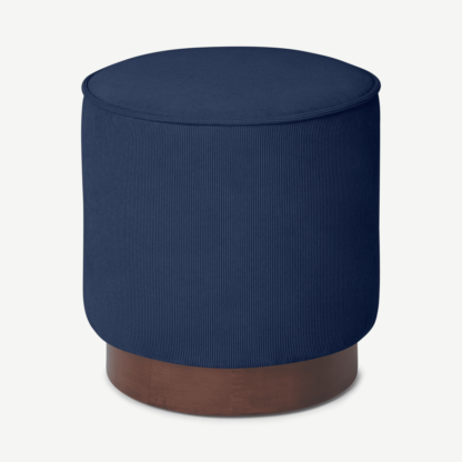An Image of Hetherington Small Wooden Pouffe, Midnight Corduroy Velvet with Dark Stain Wood