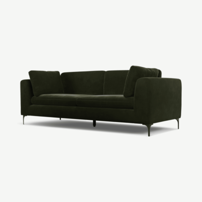 An Image of Monterosso 3 Seater Sofa, Dark Olive Velvet with Black Leg