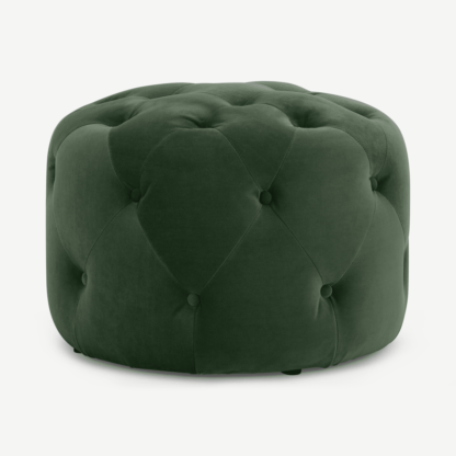 An Image of Hampton Small Round Pouffe, Elm Green Velvet