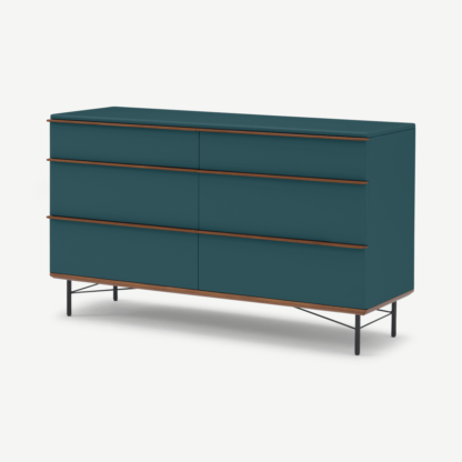An Image of Vincent Wide Chest of Drawers, Petrol Blue & Walnut Stain