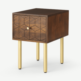 An Image of Hedra Bedside Table, Mango Wood & Brass