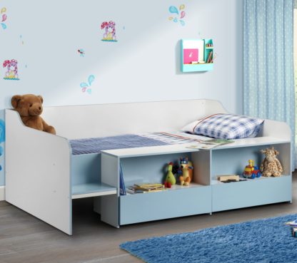 An Image of Stella Blue and White Wooden Kids Low Sleeper Cabin Storage Bed Frame - 3ft Single
