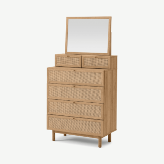An Image of Pavia Vanity Chest of Drawers, Natural Rattan & Oak Effect