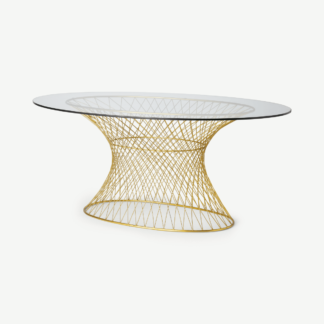 An Image of Mora 6 Seat Fixed Oval Dining Table, Glass & Brass