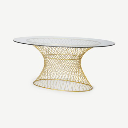 92cacfe75a660406f180014294793086331e8c34d13d134f7f35c62f3fbb1062-1.png An Image of Mora 6 Seat Fixed Oval Dining Table, Glass & Brass