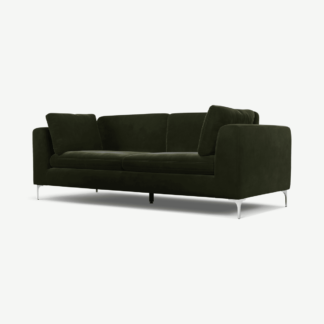 An Image of Monterosso 3 Seater Sofa, Dark Olive Velvet with Chrome Leg