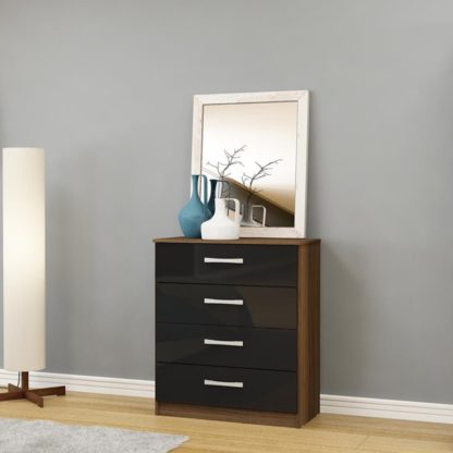 9555d14c88c5c15bcc8d038b7cafc8b7d45a059bac3f0771369f8ec77a2bf81a.jpg An Image of Lynx 4 Drawer Chest Walnut and Black
